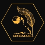 rundes Logo der Firma Designquell: Feder mit Tintenfass, darunter der Schriftzug "Designquell"