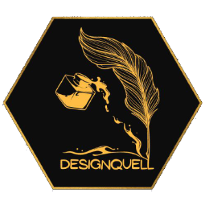 Wabe in schwarz-gold mit dem Logo von Designquell - eine Schreibfeder mit Tintenfass, darunter der Schriftzug Designquell