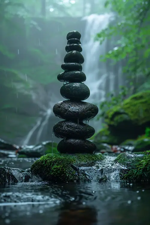 Steinturm 1 Steinturm im Wasser vor einem Wasserfall im Wald - symbolisch für Banlance statt Chaos beim Website erstellen