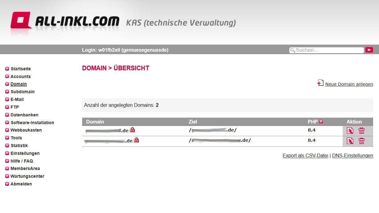 PHP-Version in der Domainübersicht bei All-Inkl